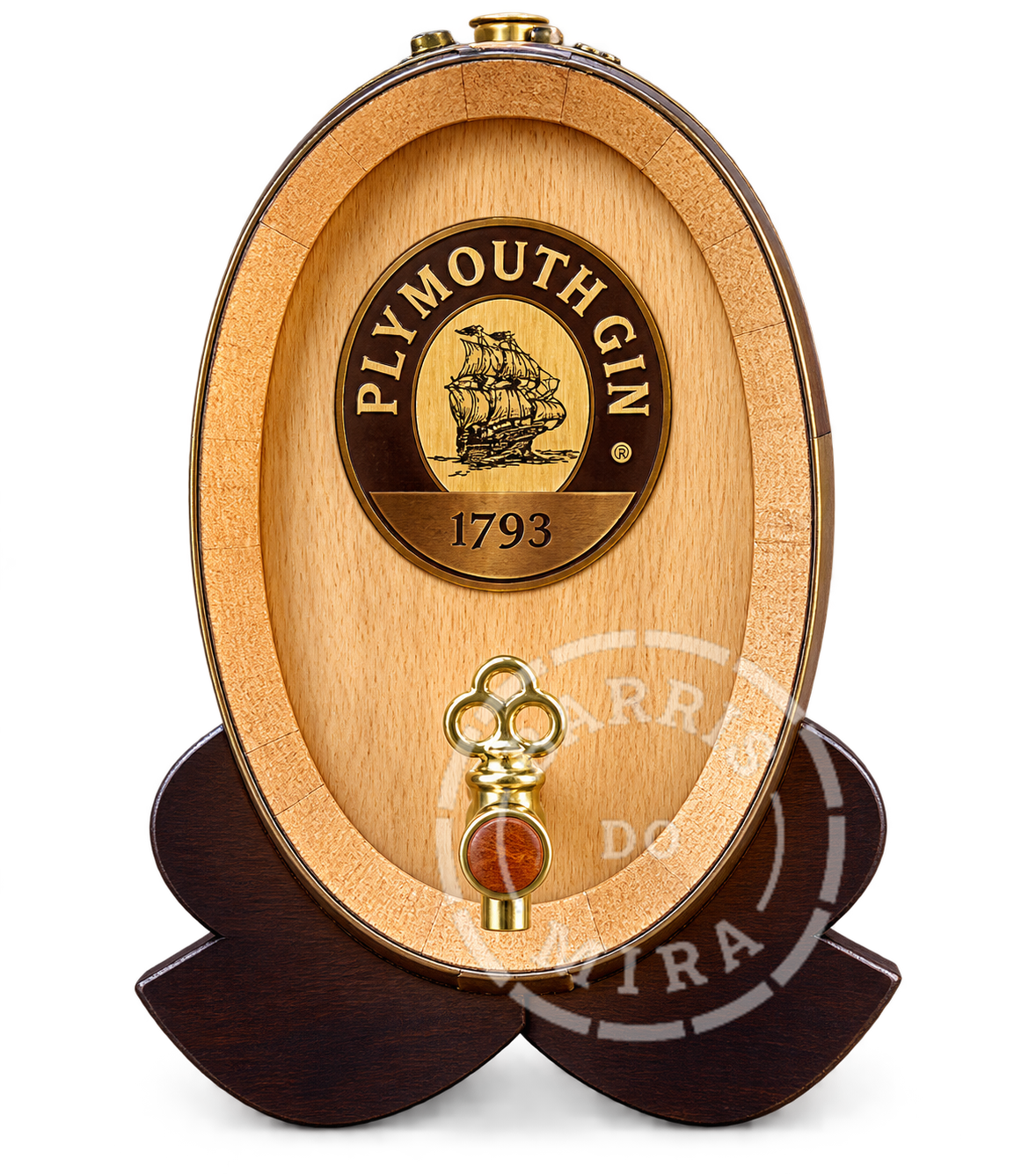 Ancoreta oval Plymouth Gin com torneira e suporte de madeira escura